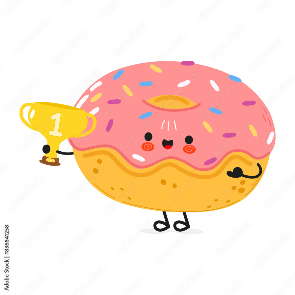 Cute funny Doughnut hold gold trophy cup. Vector hand drawn cartoon kawaii character illustration icon. Isolated on white background. Doughnut with winner trophy cup Cute funny Doughnut hold gold trophy cup. Vector hand drawn cartoon kawaii character illustration icon. Isolated on white background. Doughnut with winner trophy cup