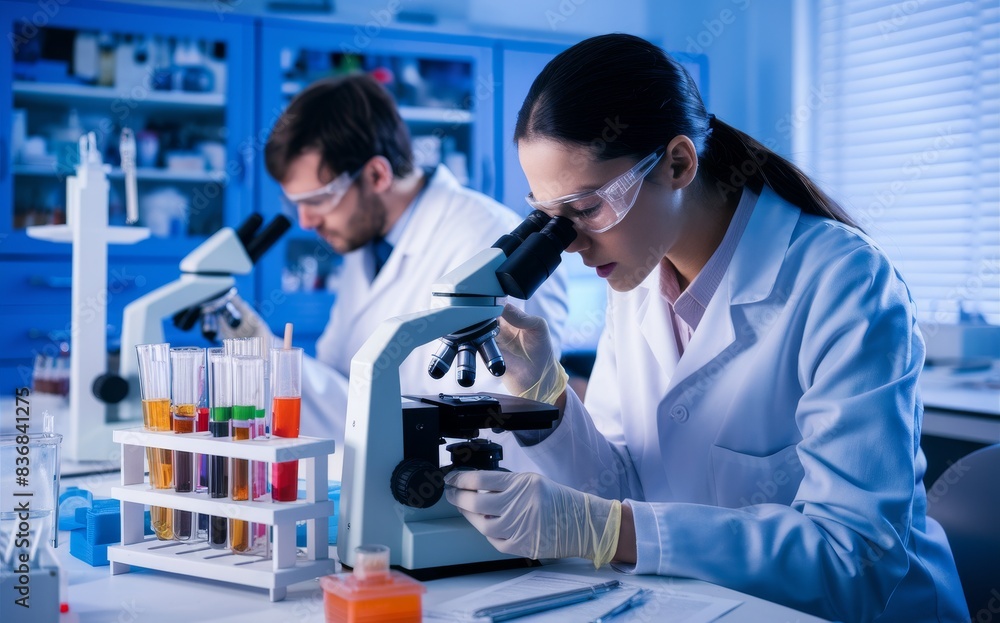 Scientists Conducting Research in Modern Laboratory with Microscopes Scientists Conducting Research in Modern Laboratory with Microscopes