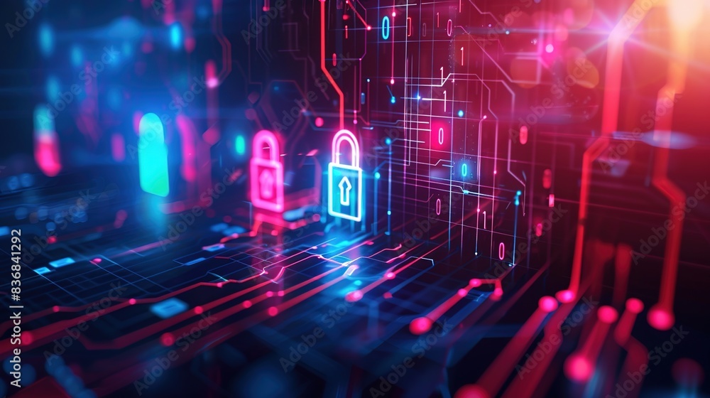 Fototapeta premium A high-tech cybersecurity concept with digital locks and encrypted data, symbolizing the importance of protecting sensitive information.