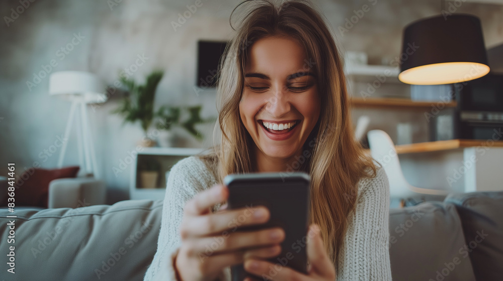 Woman smiling at her phone on a cozy couch. Woman smiling at her phone on a cozy couch.