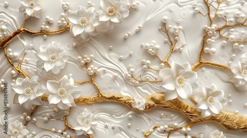 3d wallpaper white background with golden tree and white flowers with pearls