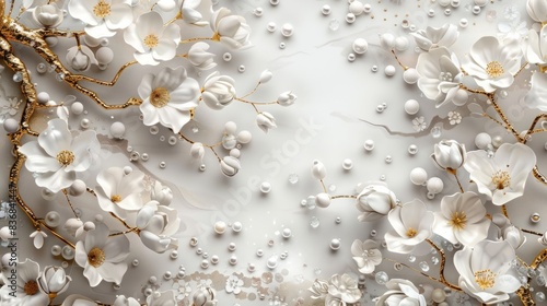 3d wallpaper white background with golden tree and white flowers with pearls © Helen