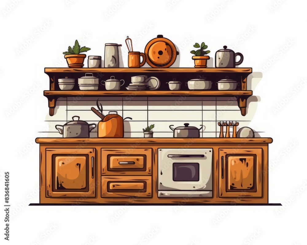 vector illustration style,Rustic kitchen with wooden cabinets and vintage items isolate white background vector illustration style,Rustic kitchen with wooden cabinets and vintage items isolate white background