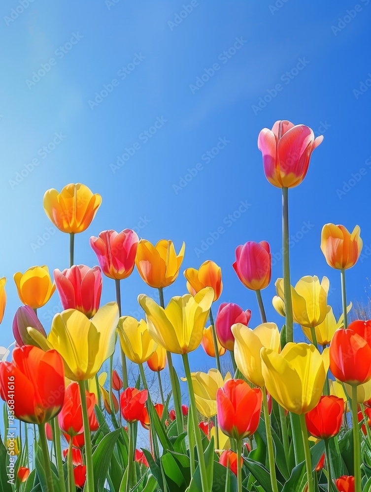 Colorful Tulip Field Landscape with Copy Space in Clear Blue Sky Background Colorful Tulip Field Landscape with Copy Space in Clear Blue Sky Background