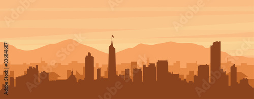 Brown panoramic poster of the city skyline with misty background buildings, sunrise, clouds and mountains of MEDELLIN, COLOMBIA