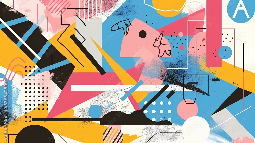 Abstract background with colorful geometric shapes and lines in the style of Memphis design, with a pink yellow blue simple, minimalist, colorful, fun, playful, and cute an empty space for text Abstract background with colorful geometric shapes and lines in the style of Memphis design, with a pink yellow blue simple, minimalist, colorful, fun, playful, and cute an empty space for text