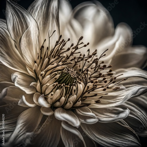 describe a scene where a beautiful white flower on itys blooming. photo