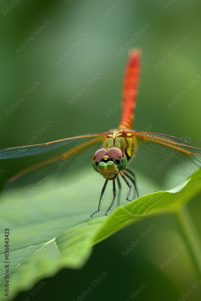 Macro Shot of a Colorful Dragonfly Perched on a Leaf with Bokeh Background for Copy Space Macro Shot of a Colorful Dragonfly Perched on a Leaf with Bokeh Background for Copy Space