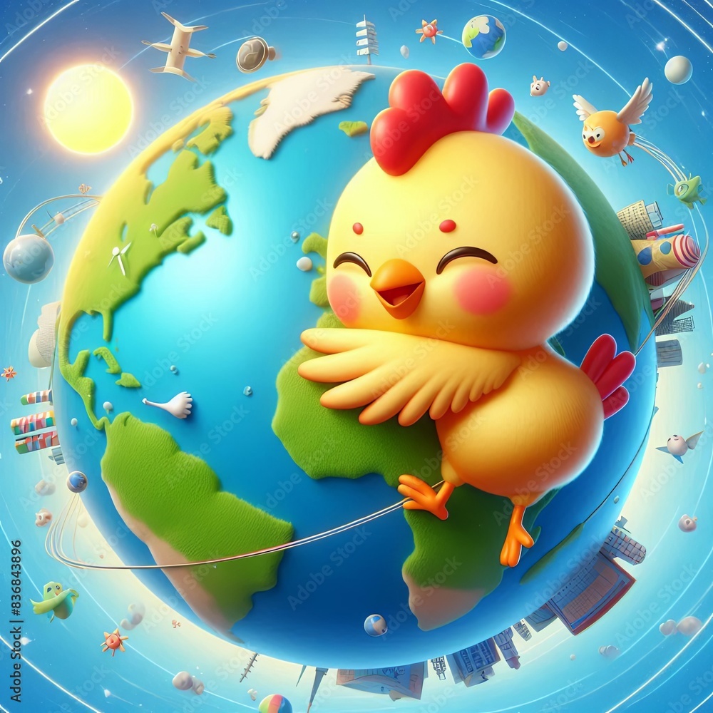 Naklejka premium cute chicken hug earth world globe cartoon , 3d Generative AI