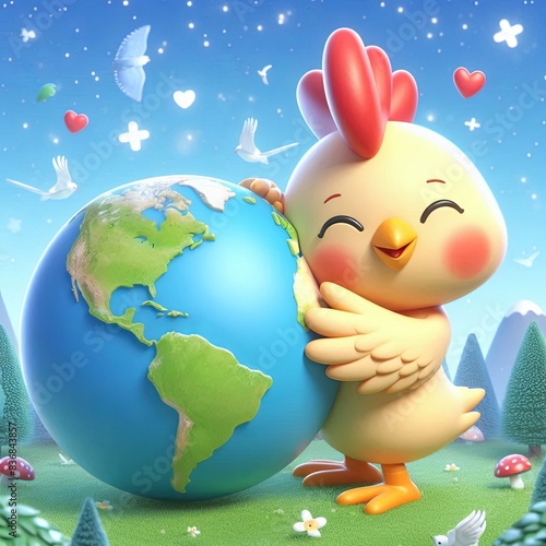 cute chicken hug earth world globe cartoon , 3d Generative AI photo