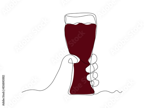 Abstract hand with mug, glass beer,continuous single line art drawing sketch, logo