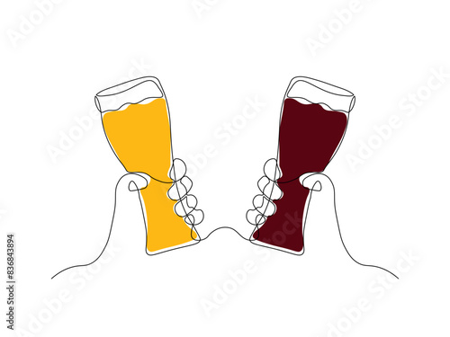 Abstract two hands with mug, glass beer, toast, continuous single line art drawing sketch, logo