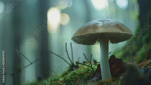 Serene Mushroom Close-Up in Forest with Soft-Focus Background for Copyspace