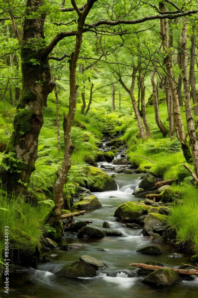 Fototapeta premium Serene Forest Landscape with Flowing Stream and Copy Space Above for Text