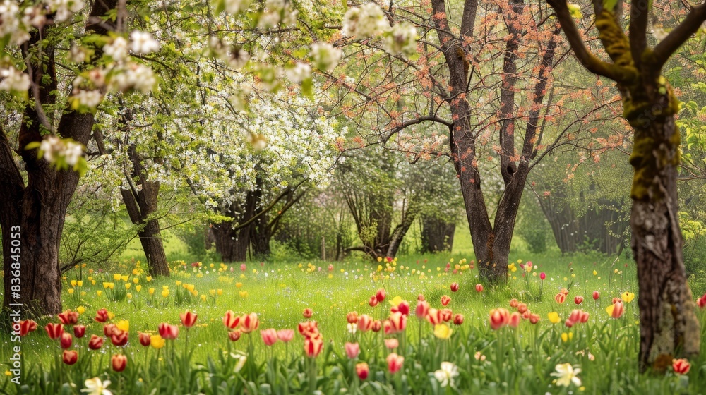 Tranquil Forest in Spring with Blooming Flowers and Copy Space Above Trees Tranquil Forest in Spring with Blooming Flowers and Copy Space Above Trees
