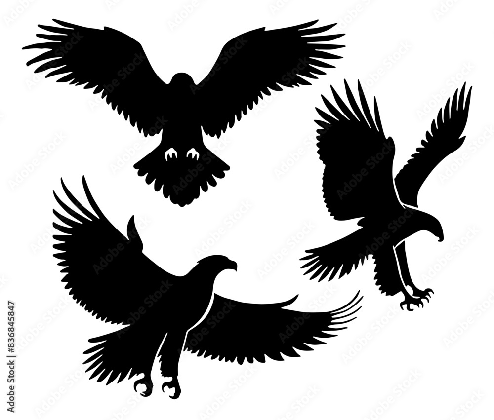 Obraz premium Eagle Silhouette: Majestic Bird, Symbol of Freedom, Predator, Flat Vector Illustration