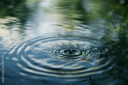 Serene Water Ripples  Close-up of a Drop Falling into Calm Pond with Blurred Natural Background for Text Space