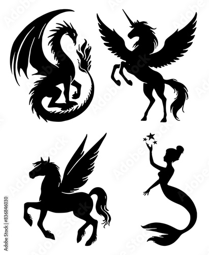 Mythical Silhouette: Dragon, Unicorn, Mermaid, Fantasy Creatures, Flat Vector Illustration