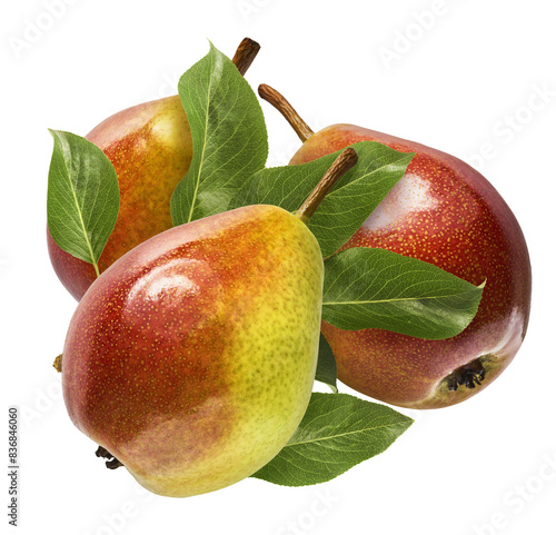 Fresh ripe Pear falling in the air, isolated on white background. Food levitation or zero gravity concept. High resolution image photo