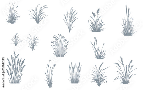 Set of grass line cad and silhouettes isolated on white background. Ground cover. Illustration for elevation architectural element, side view, grass section vector illustration