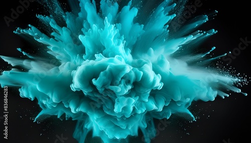 Vibrant teal powder explosion creating an abstract pattern against a dark background. Swirling bursts of paint in vivid shades of teal evoke a sense of energy, creativity, and motion. 