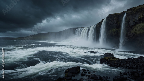 Dramatic waterfall cascading over ancient basalt columns under a stormy sky in Iceland s landscape