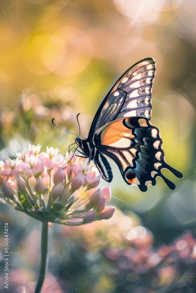 Serene Beauty - Close-up of a Colorful Butterfly Resting on a Flower with Soft Blurred Background for Text Space Serene Beauty - Close-up of a Colorful Butterfly Resting on a Flower with Soft Blurred Background for Text Space