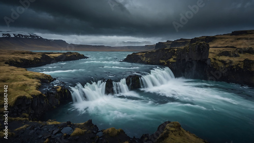 Dramatic waterfall cascading over ancient basalt columns under a stormy sky in Iceland s landscape