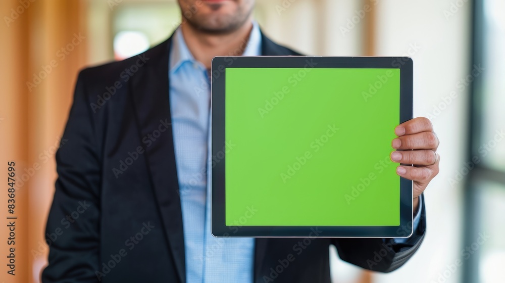 Confident Hispanic businessman displaying a black tablet with a green screen, ideal for inserting business logos or application interfaces Confident Hispanic businessman displaying a black tablet with a green screen, ideal for inserting business logos or application interfaces