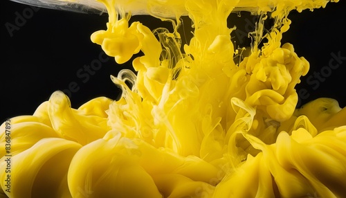 Vibrant canary yellow powder explosion creating an abstract pattern against a dark background. Swirling bursts of paint in vivid shades of canary yellow evoke a sense of energy, creativity. photo
