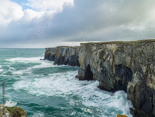 Majestic Coastal Cliff Panorama with Crashing Waves Beneath and Copy Space in Sky