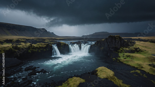 Dramatic waterfall cascading over ancient basalt columns under a stormy sky in Iceland s landscape
