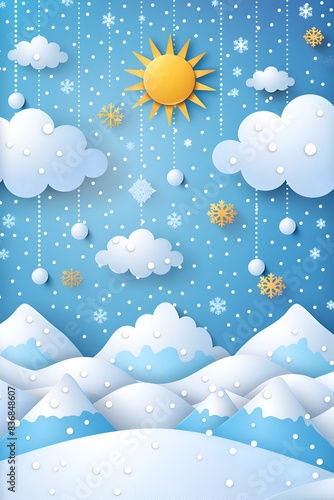 A paper snow scene with a sun in the sky. The sky is blue and there are clouds in the background. The mountains are covered in snow and the trees are bare