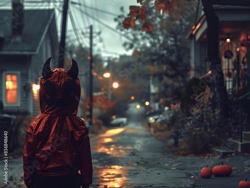 Rear view of a child in a detailed devil costume