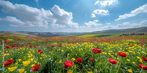 A serene spring morning with a vibrant display of red anemones and yellow daisies, perfect for a picnic.