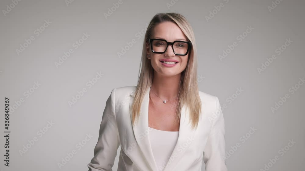 close up of beautiful blonde businesswoman wearing glasses standing with arms folded on gray background close up of beautiful blonde businesswoman wearing glasses standing with arms folded on gray background