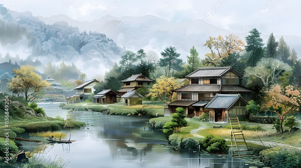 Fototapeta premium Japanese landscape paintings are done in the traditional manner. A traditional Japanese painting with a white backdrop depicts a river and rural house setting. Generative AI