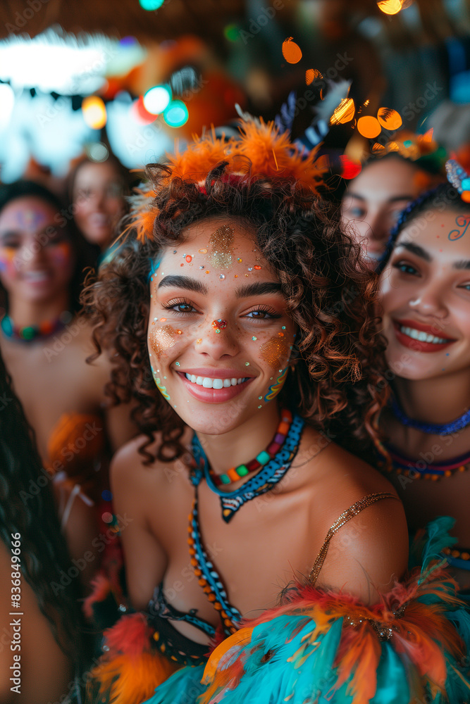 A group of women are wearing colorful costumes and makeup A group of women are wearing colorful costumes and makeup