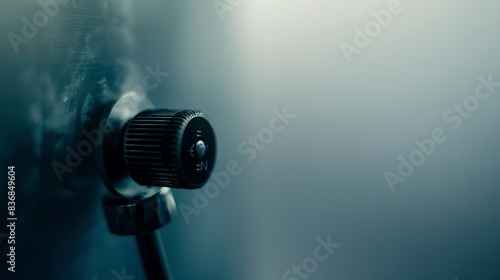Close-up of an IV adjustment knob, foggy, deserted, soft focus, early morning light  photo