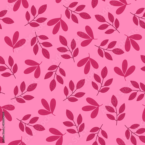 Wallpaper Mural Pink leaves seamless pattern with hand drawn scattered  twigs. Monochromatic botanical allover illustration. Leafy branches background Torontodigital.ca