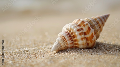 Tranquil Seashell Close-up on Sandy Beach with Soft-focus Background for Copy Space © tantawat