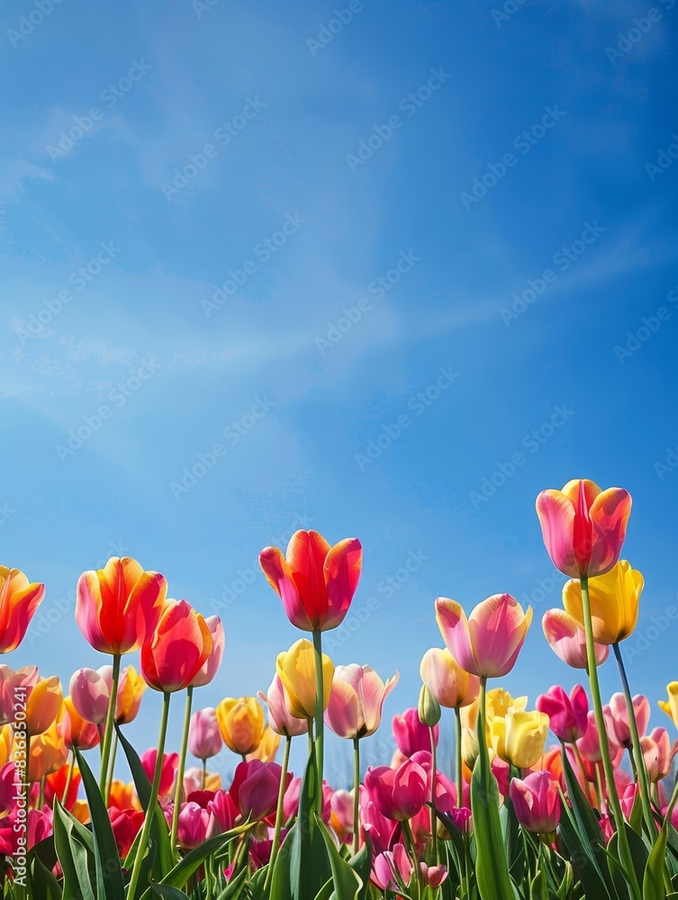 Serene Tulip Field with Clear Blue Sky for Text Overlay Serene Tulip Field with Clear Blue Sky for Text Overlay