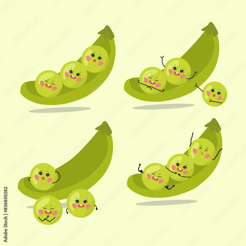 Fototapeta premium set of peas in pod vector set with various emoticon 