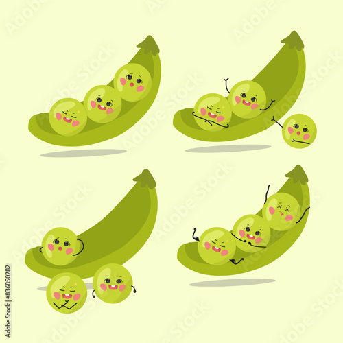 set of peas in pod vector set with various emoticon 