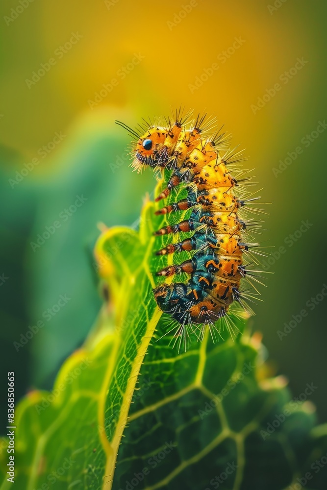 Macro Shot of Caterpillar on Leaf - Nature Background for Text Overlay.