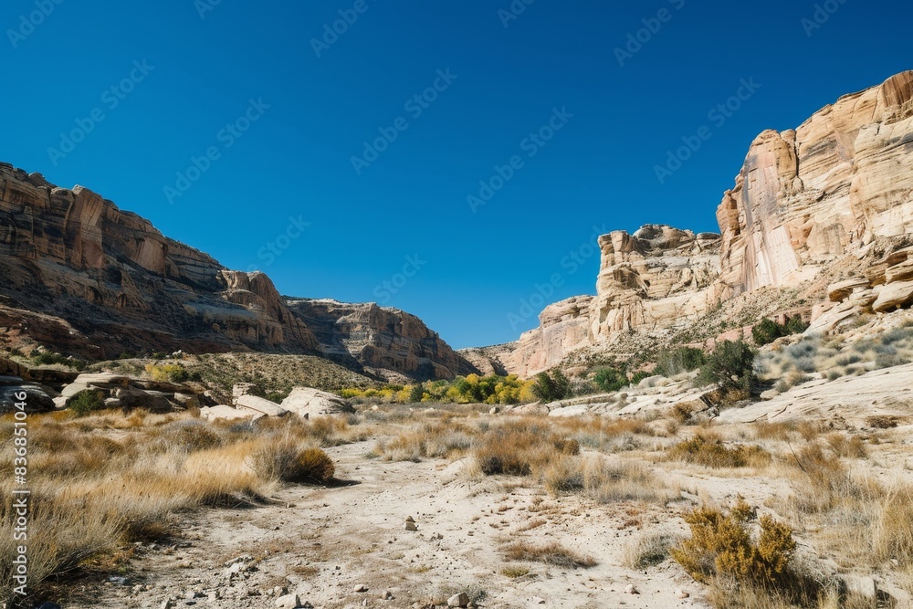 Fototapeta premium Serene Canyon Landscape with Clear Blue Sky for Text Overlay