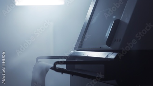 Ultrasound printout slot, close-up in fog, no humans, eerie, late night light  photo
