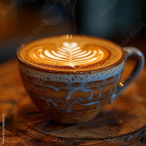 The cup should be filled with freshly brewed coffee, featuring intricate latte art on the surface, such as a leaf or heart design.
