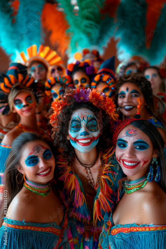Obraz premium A group of women are dressed in colorful costumes and are smiling for the camera