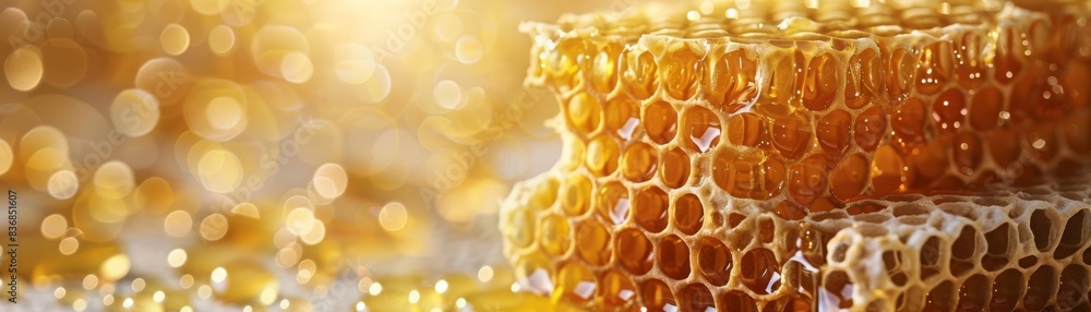 Intimate view of honeycomb, honey drops shimmering under a golden sunset, capturing the natural beauty and texture Intimate view of honeycomb, honey drops shimmering under a golden sunset, capturing the natural beauty and texture